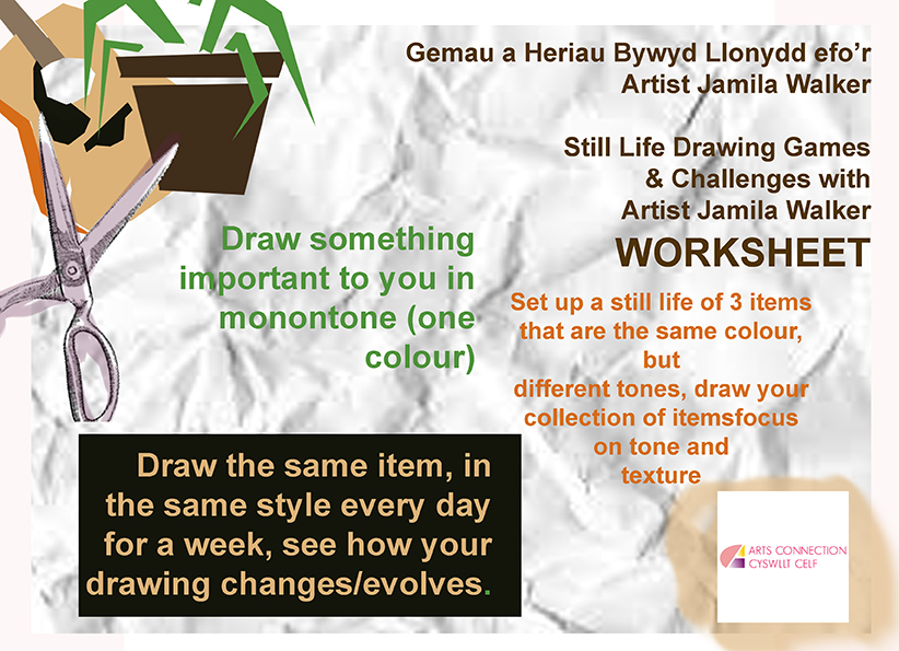 72 dpi WORKSHEET Welsh and English Still Life Arts Connection Online Art Workshop 30th April 2020 Artist Jamila Walker